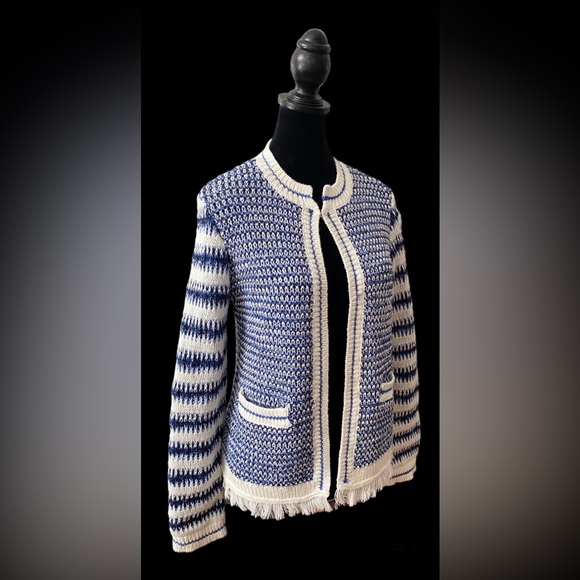 Talbots: Blue and White Mix Textured Jacket Sweater with Fringe Trim - Picture 7 of 17